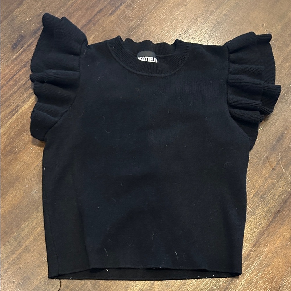 Katie J NYC Black Ruffle Sleeve Knit Top
